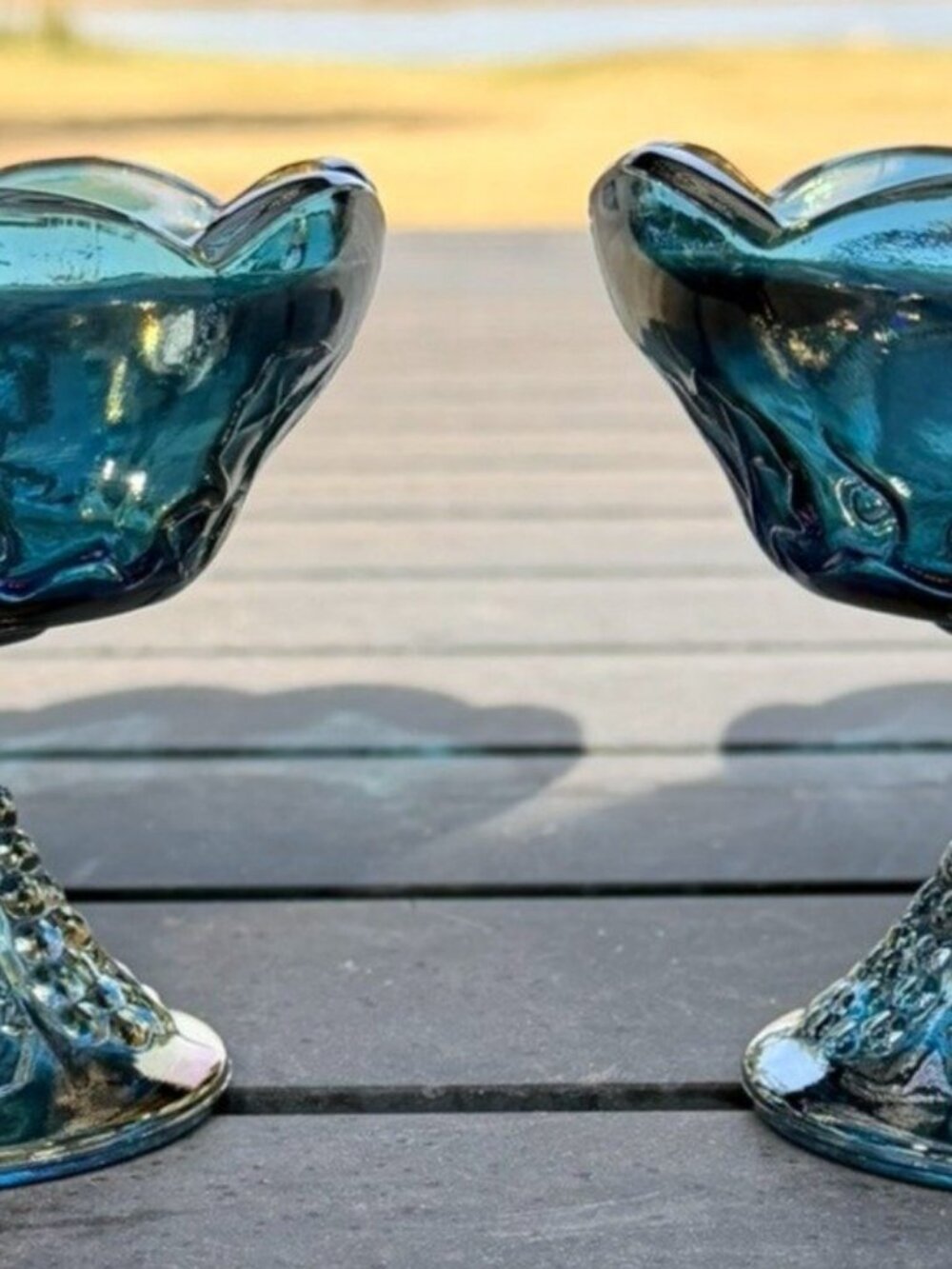 Vintage Indiana Glass Harvest Grape Blue Carnival Glass Candle Holders Pair